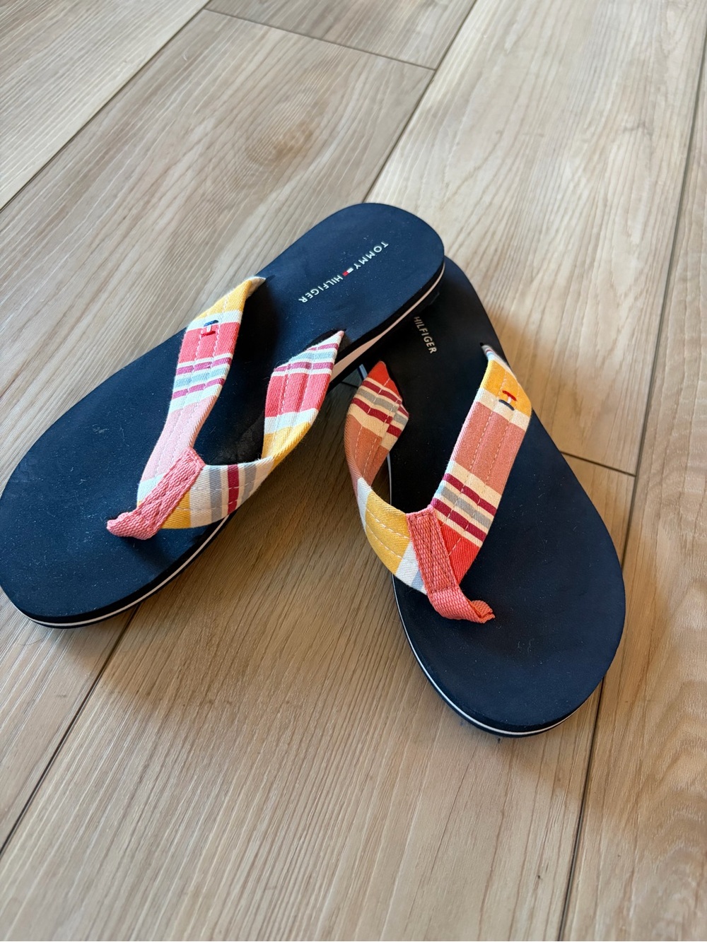 Tommy Hilfiger Navy Flip Flops with Coral, Yellow & White Striped Straps-Size 7